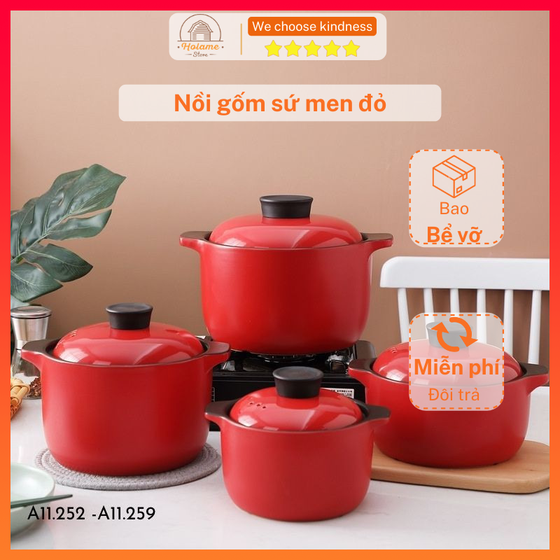 Nồi gốm sứ hầm cháo, nồi gốm kho cá tráng men màu đỏ phong cách bắc âu 2021