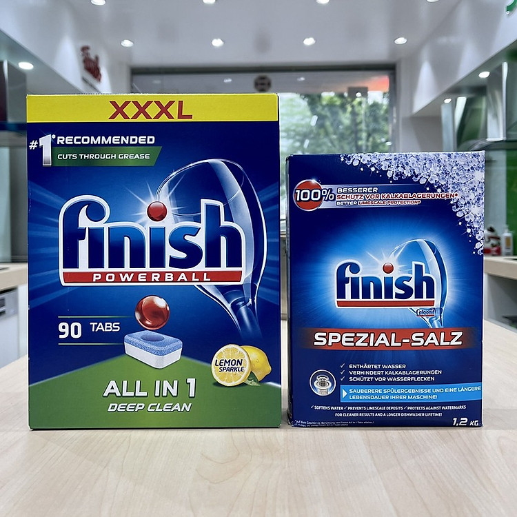 Combo finish: viên rửa bát all in one 90 viên + muối 1,2kg