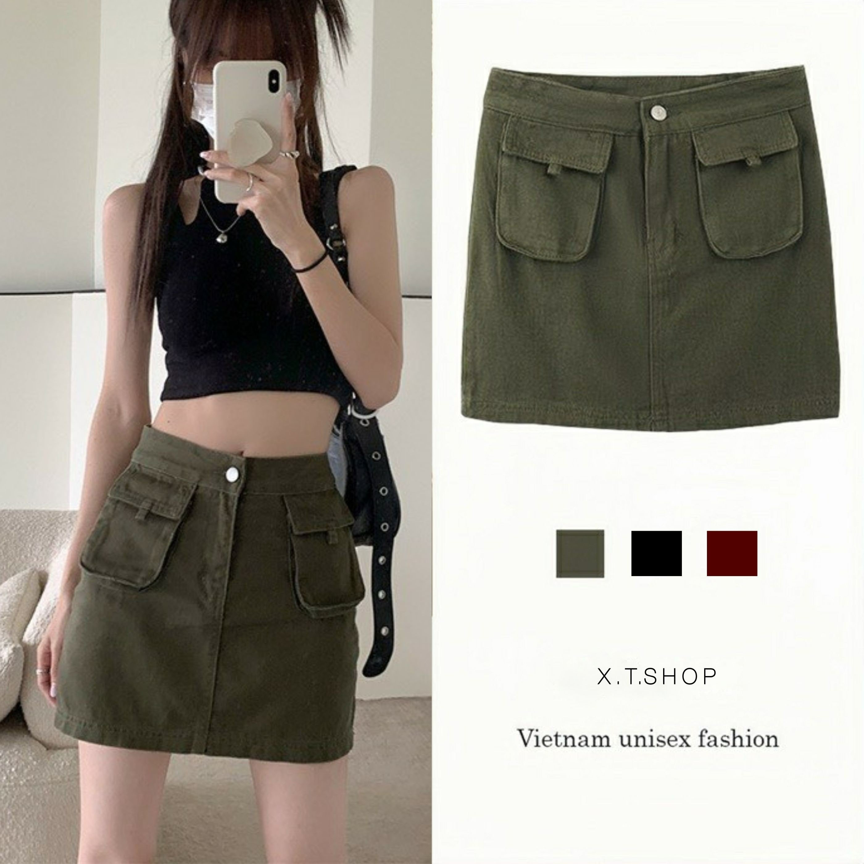 Chân váy kaki chữ a túi hộp phong cách hàn quốc lên from xinh