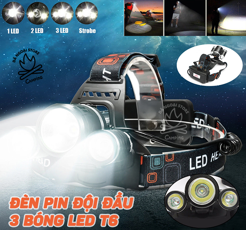 Đèn đội đầu siêu sáng - Đèn pin đội đầu 3 bóng led T6 siêu sáng kèm 2 pin và sạc, chống nước YPX8