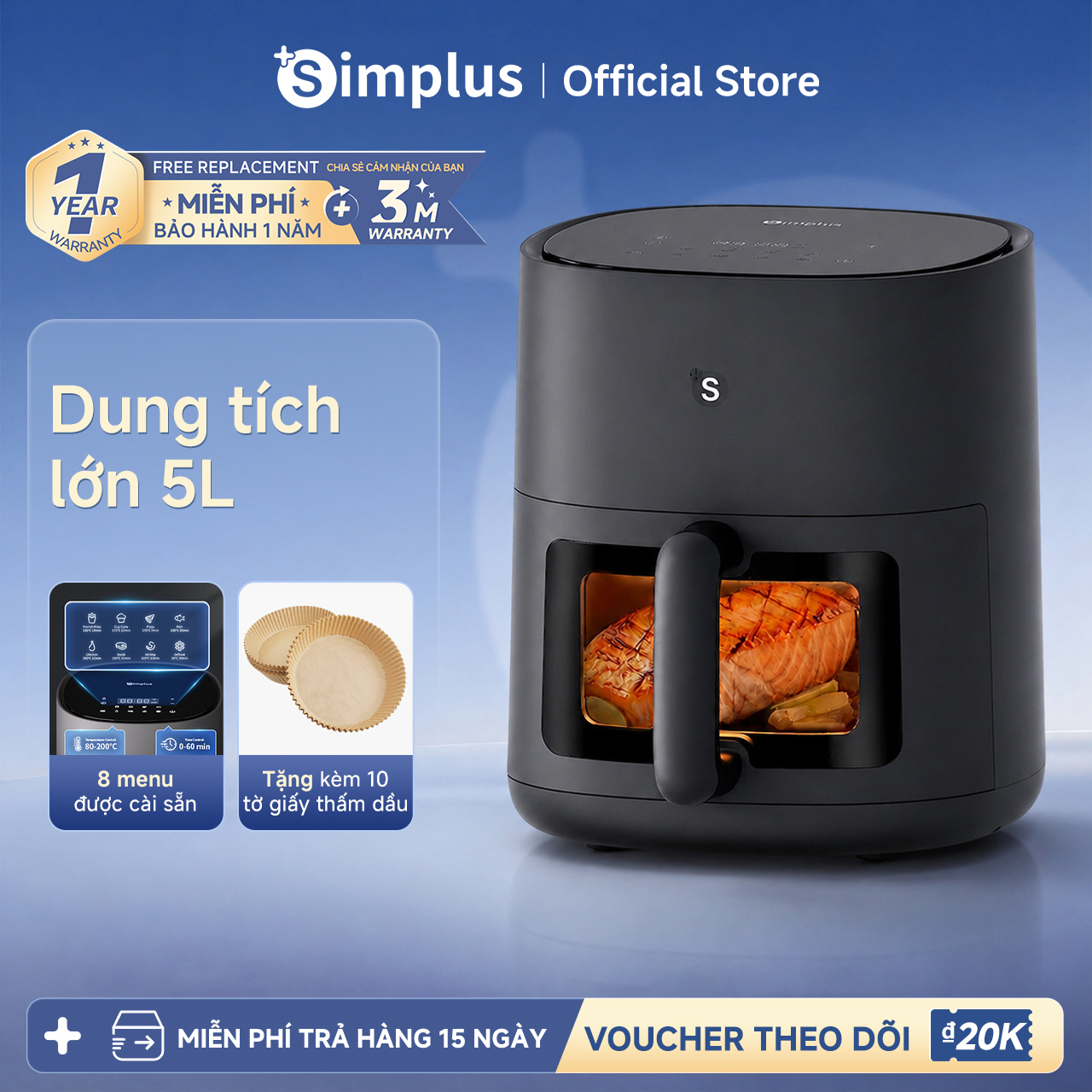 Simplus Gen-S N1 Pro Nồi chiên không dầu Có ô cửa sổ Dung tích lớn 5L Gia dụng  Màn hình cảm ứng  Nhiều chức năng Air Fryer