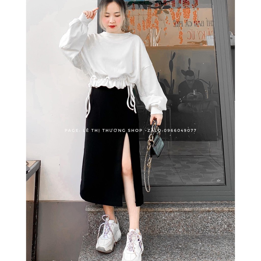 Set váy xẻ tà + croptop tay phồng rút dây