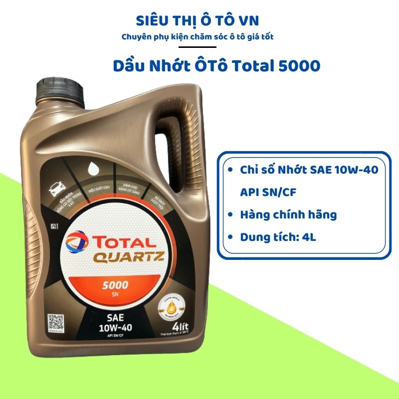 Dầu Nhớt TOTAL QUARTZ SN 5000 SAE 10W40 API SN/ CF Cao Cấp Can 4L - Nâng Cao Công Suất Động Cơ- Chamsocoto