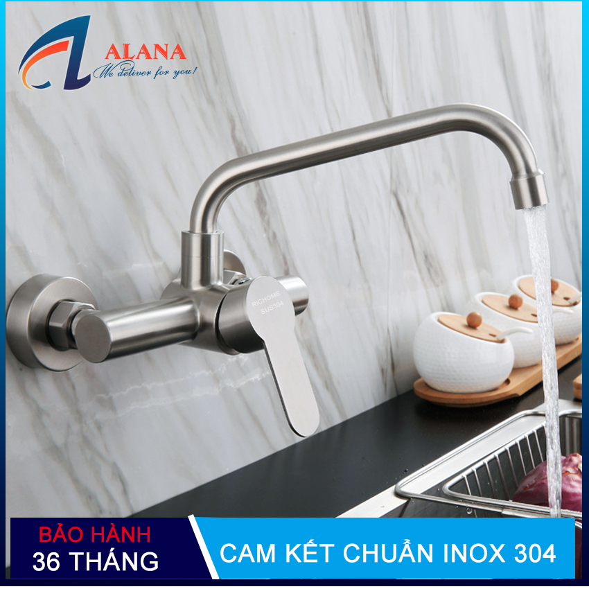 Vòi rửa chén bát nóng lạnh gắn tường chất liệu inox 304 nguyên khối mã-QH-CF038