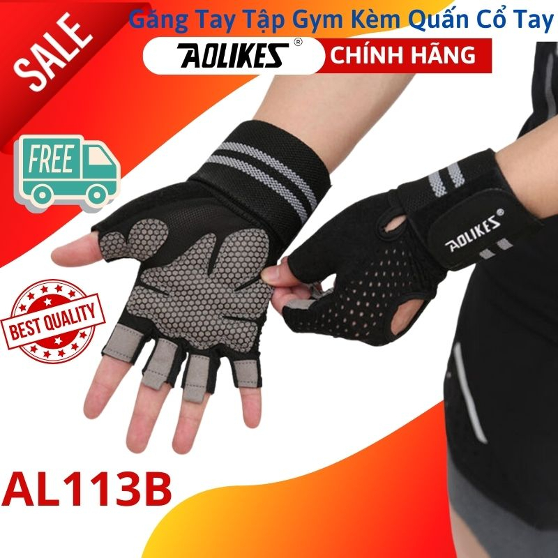 Găng tay nửa ngón tập gym, tập tạ tích hợp quấn cổ tay aolikes al113b 113 al113 - chính hãng aolikes
