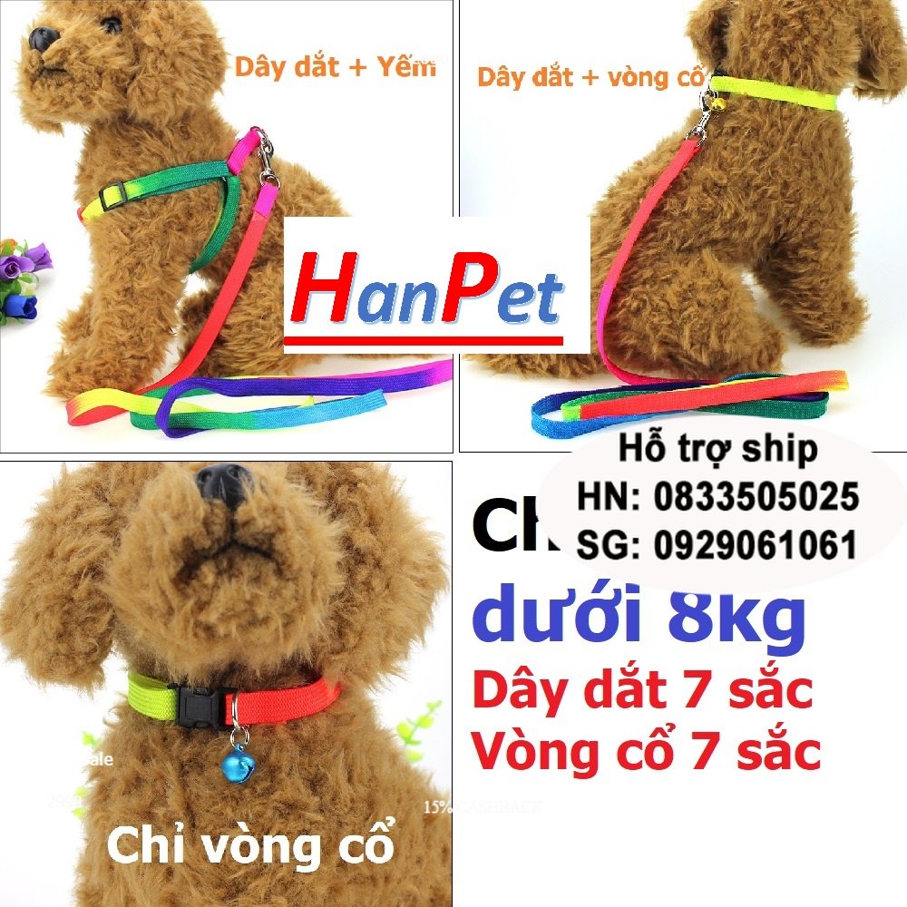 Hanpet Vòng cổ chó & dây dắt chó mèo loại 7 sắc cầu vồng