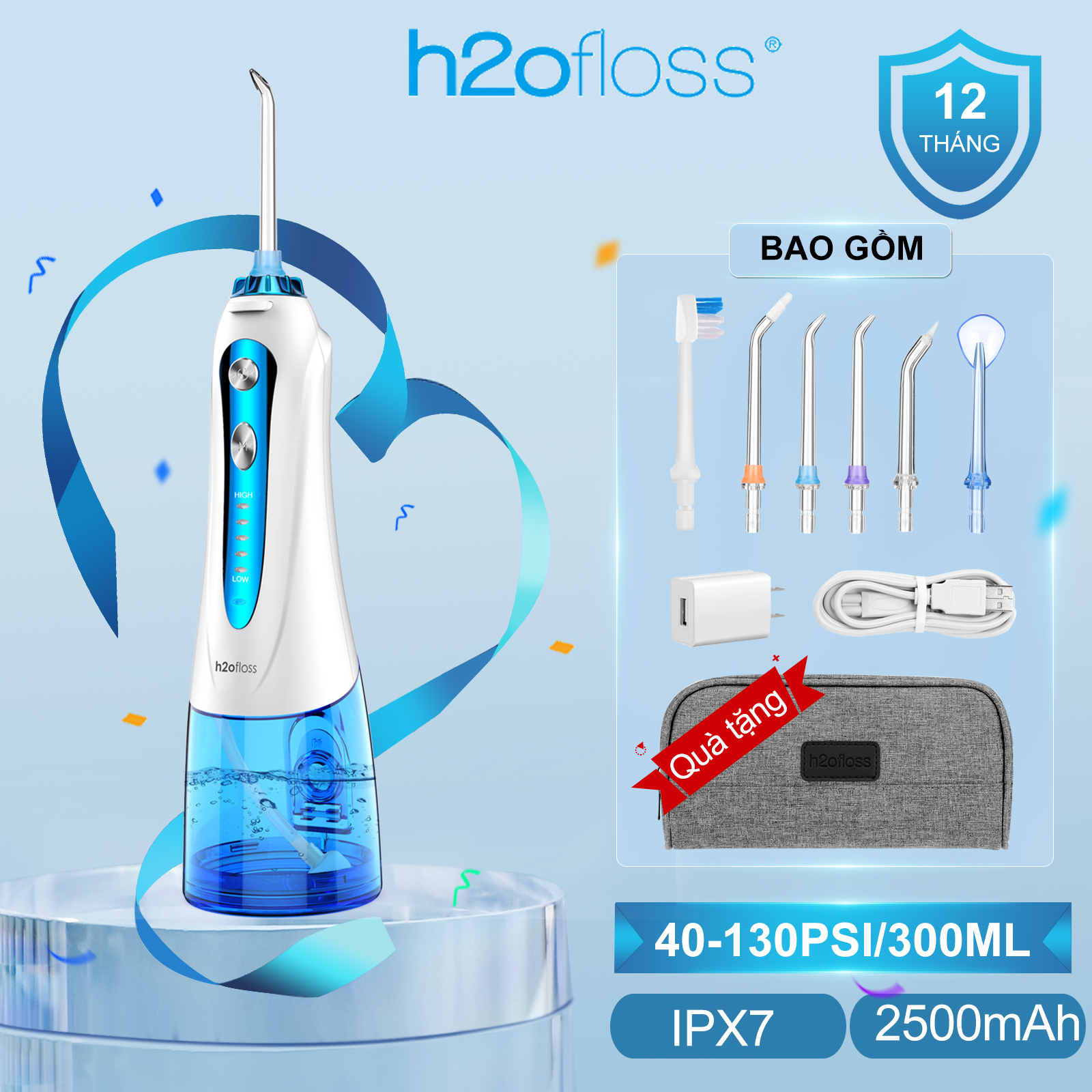 Máy Tăm Nước H2OFLOSS HF 9P Máy Tăm Nước Cầm Tay với 6 Đầu Vòi 5 Chế độ IPX7 chống thấm Oral Irrigator HÀNG CHÍNH HÃNG 12 tháng