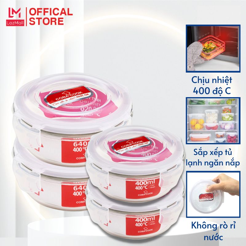 Bộ 4 hộp thủy tinh hình tròn trữ thực phẩm chịu nhiệt 2 hộp 640ml 2 hộp 400ml coba'cook-ccr6r44