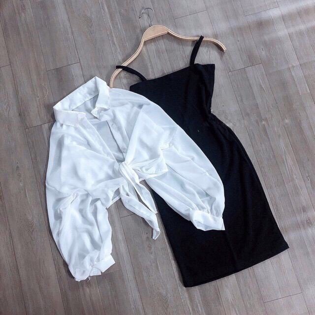 Set đầm body 2 dây kèm áo khoác voan s043