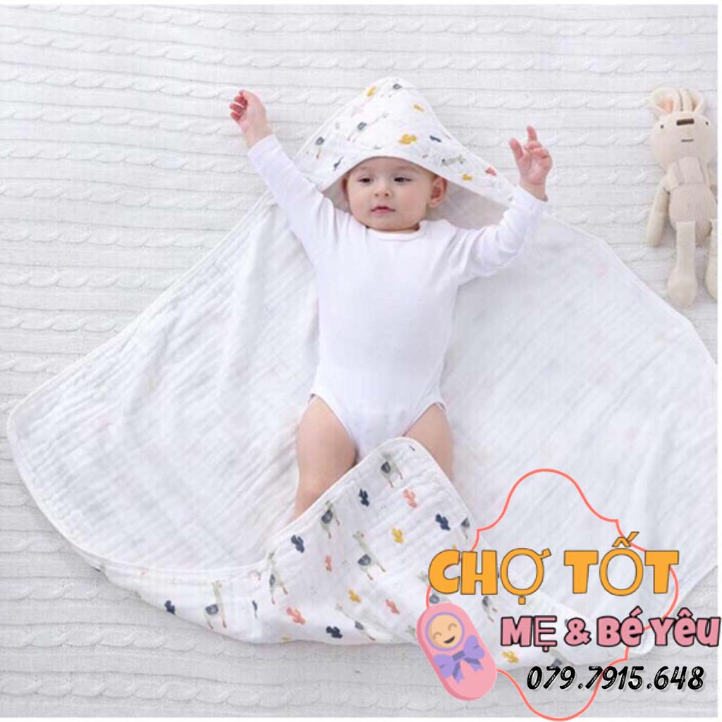 Khăn choàng tắm, khăn ủ xô sợi tre 4 lớp có mũ trùm đầu