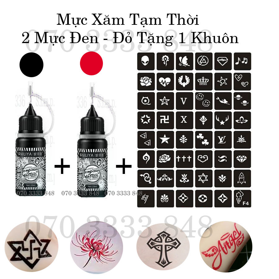 [SALE] 2 Mực Xăm Tạm Thời Đen - Đỏ Chống Nước Tặng Hơn 1 Khuôn (Kèm Sticker)