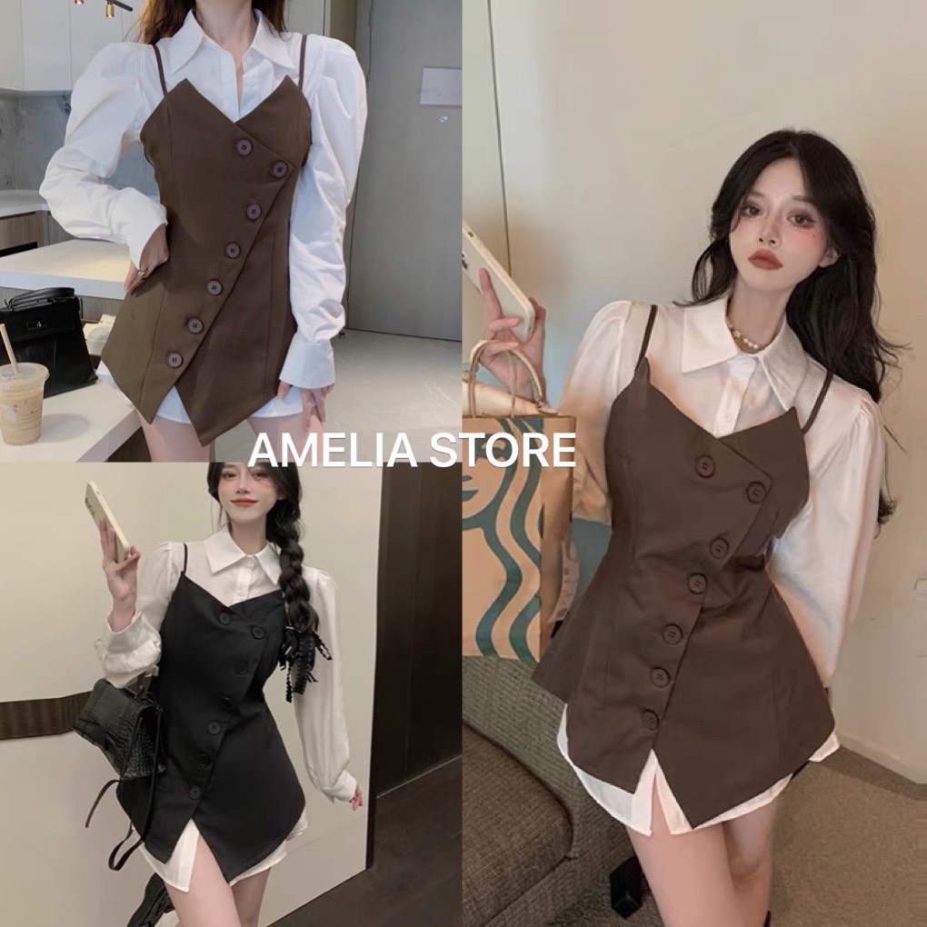 Sét váy sơ mi trắng kèm gile 2 dây khuy lệch ulzzang, sét đầm sơ mi tay bồng gile yếm ôm body, áo blazer nữ, đầm sơ mi trắng nữ sang chảnh 2022, sét yếm gile kèm váy sơ mi tiểu thư thời trang hàn quốc, AMELIA