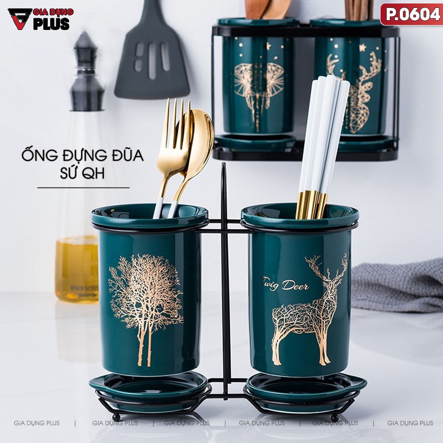 Hộp đựng đũa sứ, thìa, muỗng sứ dán tường & đặt bàn - màu xanh ngọc lục bảo