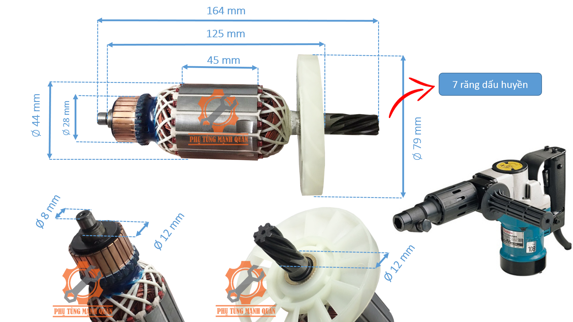 Rotor/ruột máy đục bê tông 0810, 0850 TOTAL, LEIYA, DEKTON, TPC có 7 răng dấu huyền thân 44 tặng kèm chổi than cao cấp