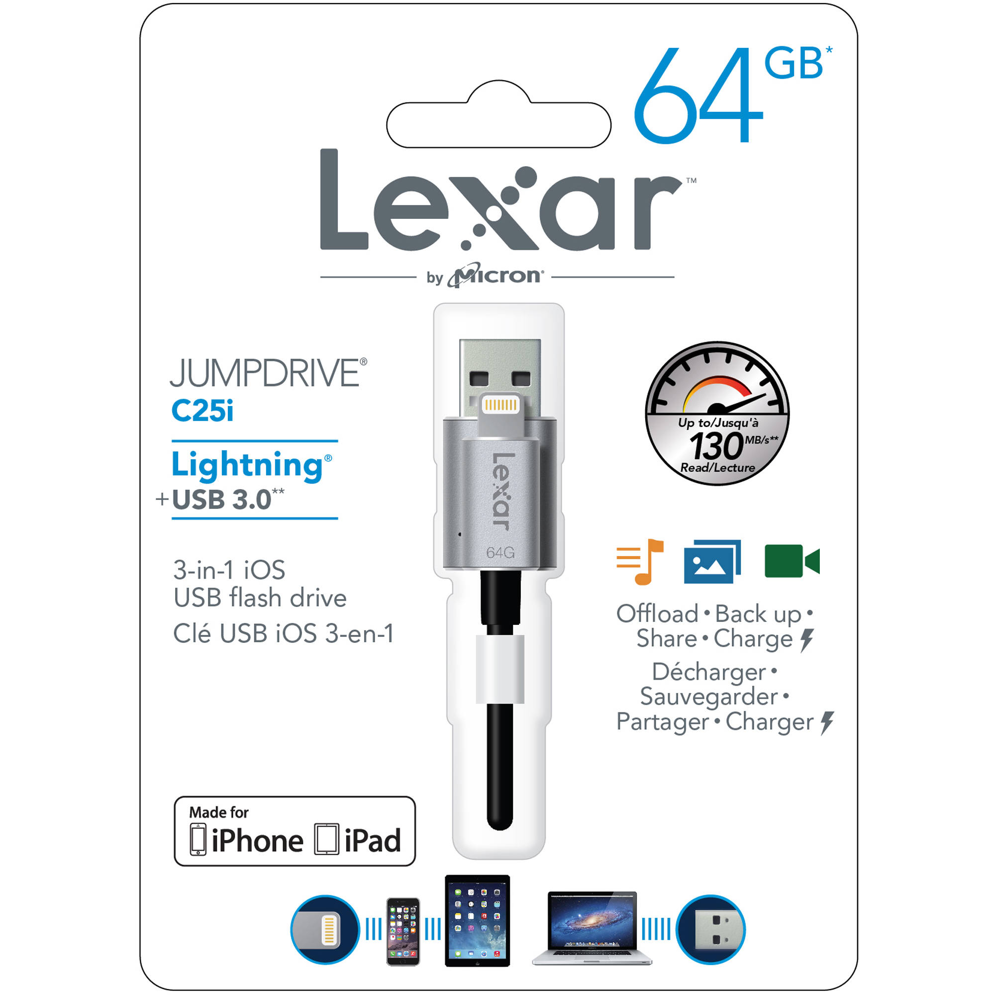 Usb otg iphone lightning 64gb lexar jumpdrive c25i 130mb/s
