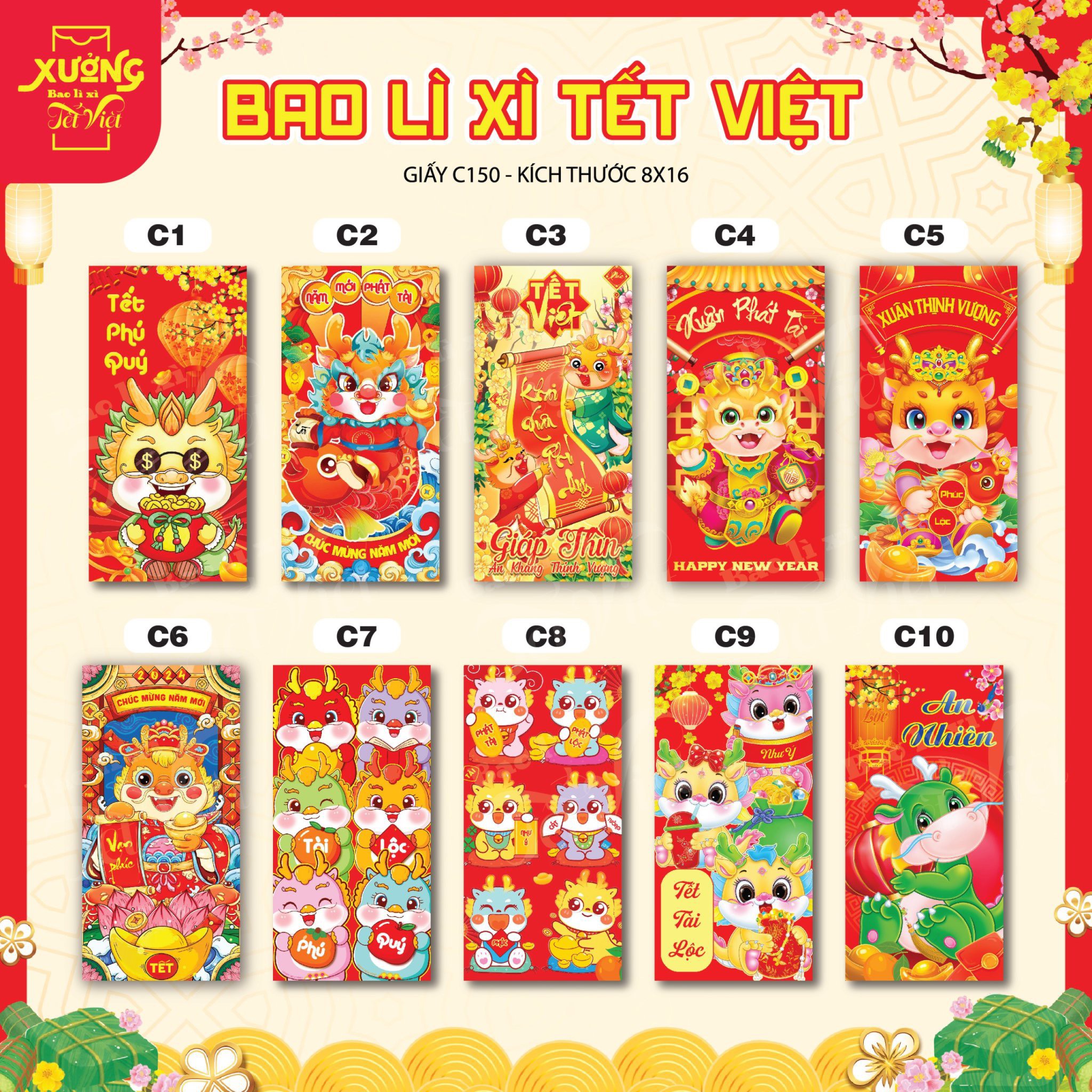 100 Bao lì xì tết 2024- Tặng kèm túi kiếng lixi tết nhiều mẫu lựa chọn