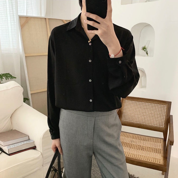 Áo sơ mi dài tay form rộng 5 màu đen trắng xanh nâu bạc hà, phong cách thời trang trẻ trung cho giới trẻ