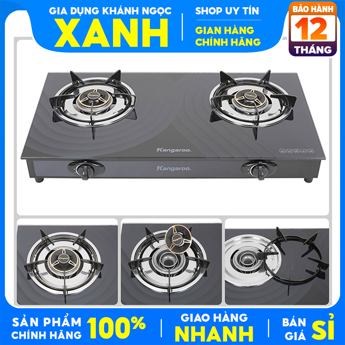 Bếp gas đôi Kangaroo KG519M Chính hãng trưng bày + Tặng dây gas , Đầu đốt tiết kiệm gas , Chất liệu Đồng thau cho lửa xanh