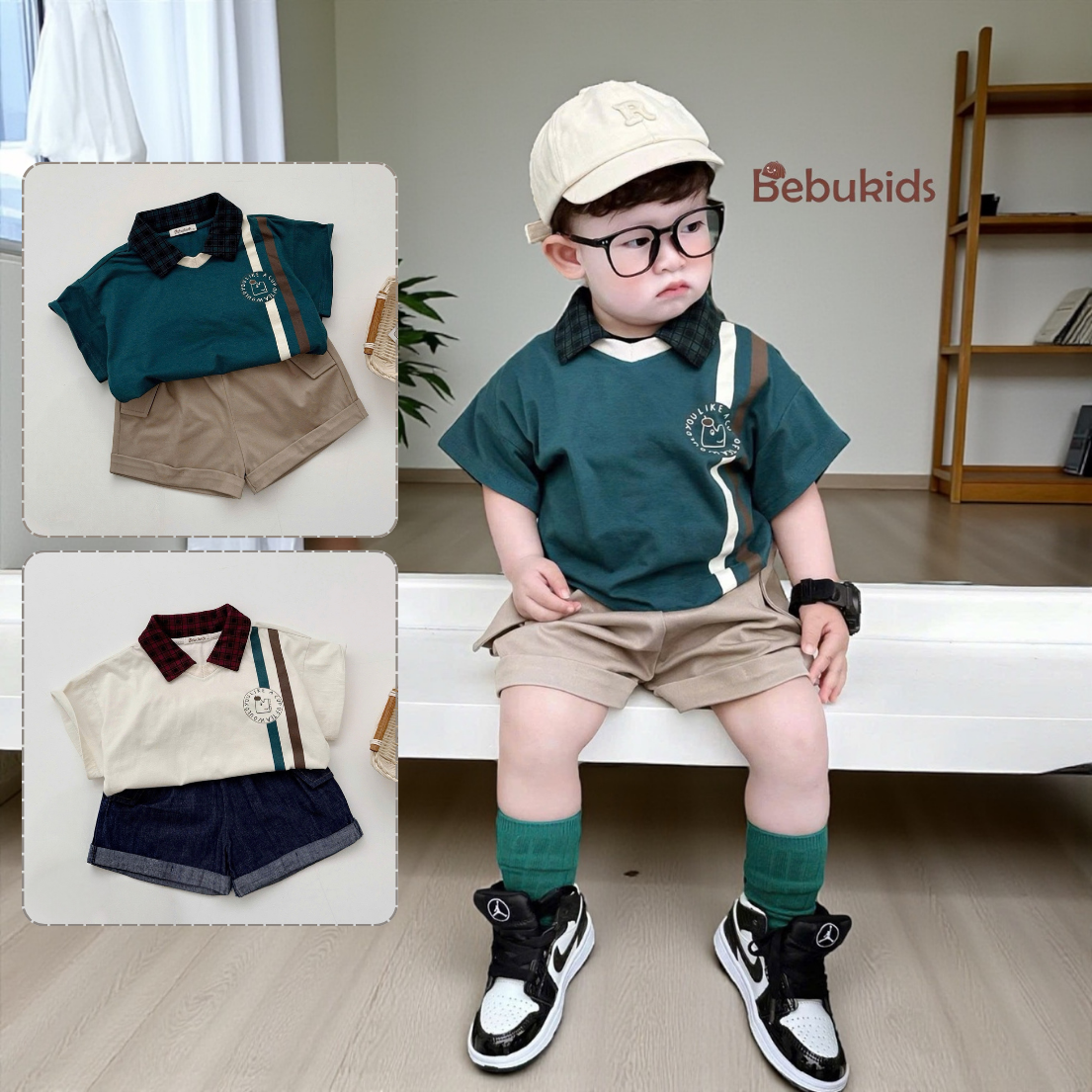 BE298 Bộ áo polo cotton quần đùi bé trai BEBUKIDS phong cách năng động đáng yêu