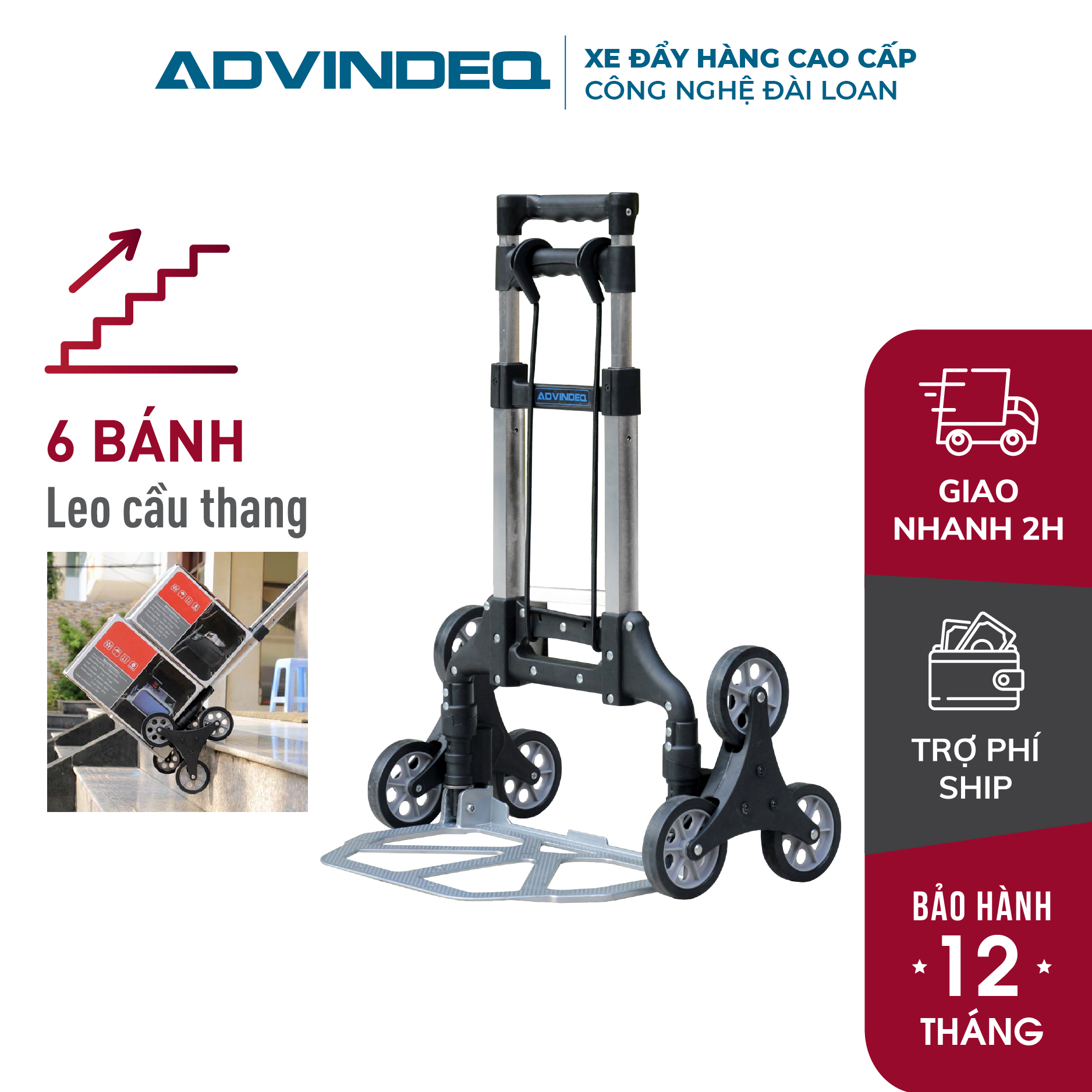 Xe kéo hàng leo cầu thang 6 bánh gấp gọn 35kg-70kg nhập khẩu ADVINDEQ TL-35/70, xe lên xuống cầu thang đa năng xếp gọn- Chính hãng bảo hành 1 năm