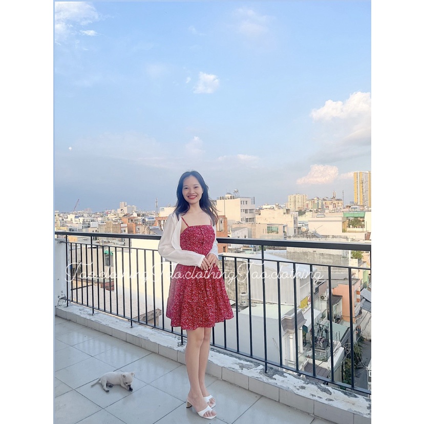 Set đầm đỏ 2 dây hoa nhí kèm áo khoác