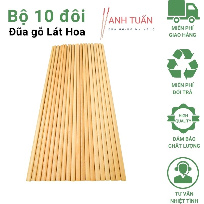 Bộ 10 đôi đũa ăn cơm cao cấp đũa gỗ đầu nhọn LÁT HOA, đũa đẹp tự nhiên không hoá chất, không cong vênh, chống mốc, kháng khuẩn