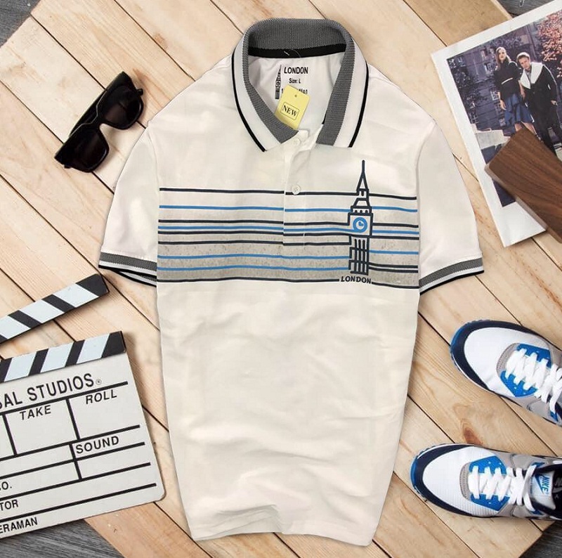 Áo Thun Nam Cổ Bẻ Chất Thun CÁ SẤU POLY Nhẵn Mịn, In Sọc Nhỏ Ngang Ngực