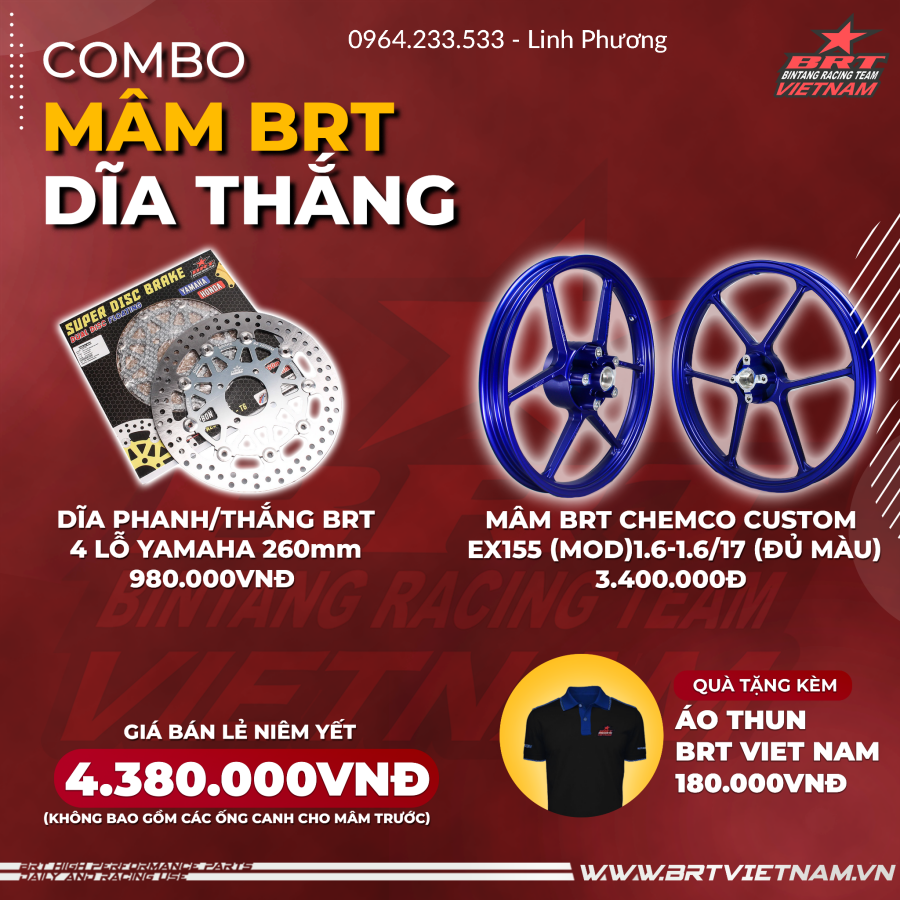 Hàng chính hãng Combo Mâm BRT Chemco Exciter 155 + Heo dầu Samurai Nissin 2 Pis (Kèm Pad) - Tặng kèm