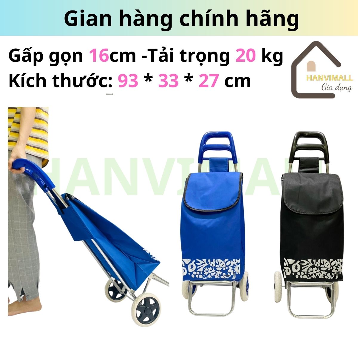 Xe kéo đi chợ siêu gọn nhẹ Túi vải Oxford chống thấm có thể tháo rời