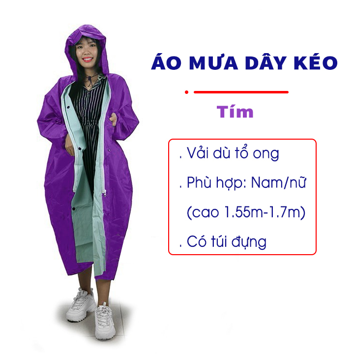 Áo mưa dây kéo vải dù tổ ong, có nút gài, nón che kín người freesize dành cho nam, nữ cao 1m55-1m70, nhanh khô, không ám mùi