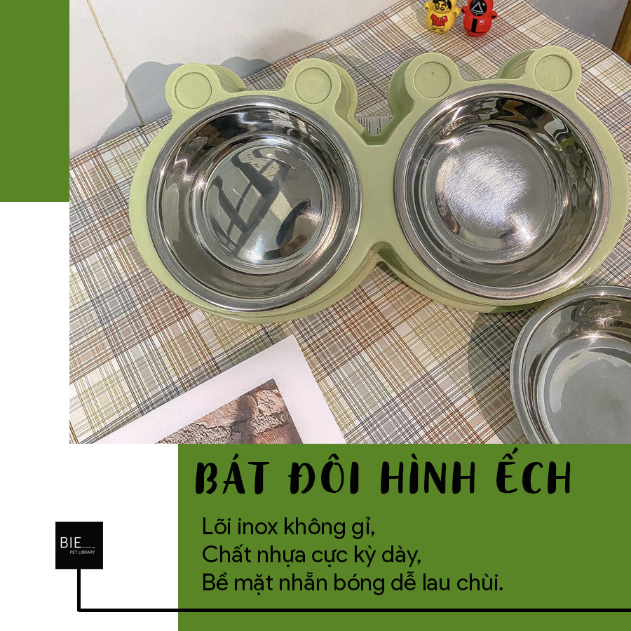 [Dụng cụ ăn uống] Bát ăn đôi cho chó mèo hình ếch NHỰA LÕI INOX dễ lau chùi, nhiều hình dáng dễ thương