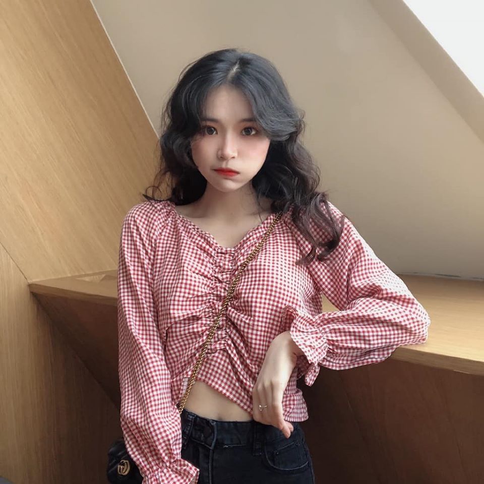 (ẢNH THẬT) ÁO CRTOP KẺ CARO DÂY RÚT THỜI TRNAG HÀN QUỐC, AMELIA