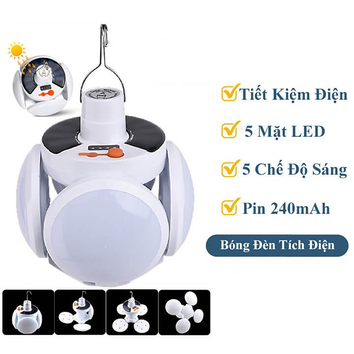 Bóng Đèn Led 4 Cánh 5 BÓNG Năng Lượng Mặt Trời, Đen Led Tích Điện Công Suất 40W, Đèn Siêu Sáng Tích Điện Ngoài Trời Đuôi BALL LIGHT, Đèn Năng Lượng Mặt Trời, Đèn Sạc Tích Điện