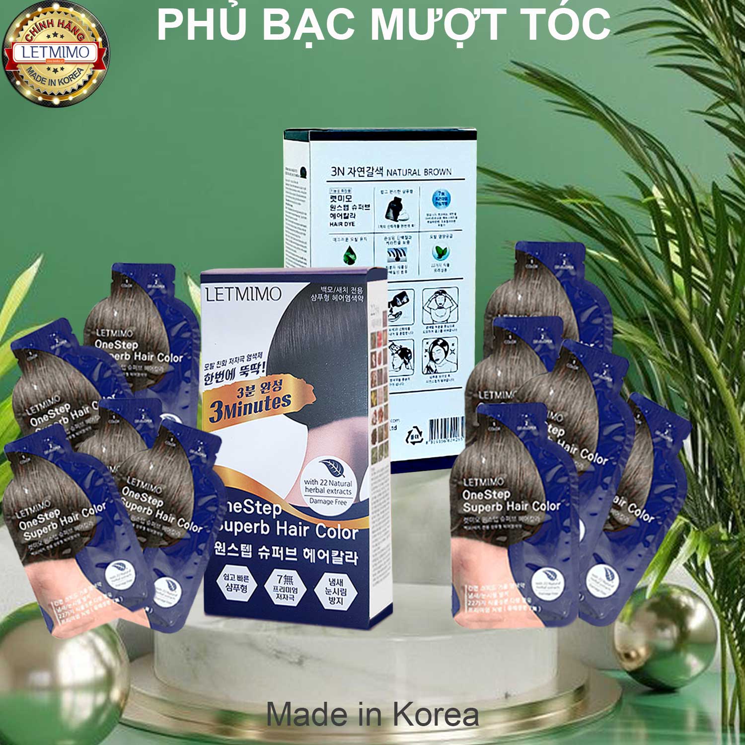 Gội là đen , thuốc nhuộm tóc , màu nâu tự nhiên 3n , combo 2 hộp = 10 gói , bestke