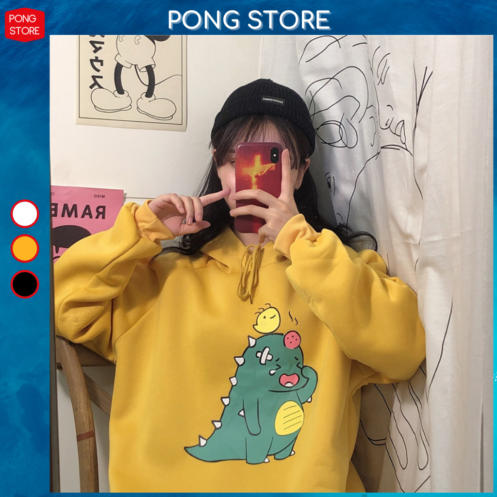 [HCM]Áo Hoodie Nam Nữ PONGPONG Kiểu In Hình Khủng Long Khóc Nhè - Áo Khoác Hoodie Cặp Đôi Cá Tính Nỉ Lót Bông Mịn Cao Cấp Giá Rẻ Có 3 Màu Vàng Đen Trắng