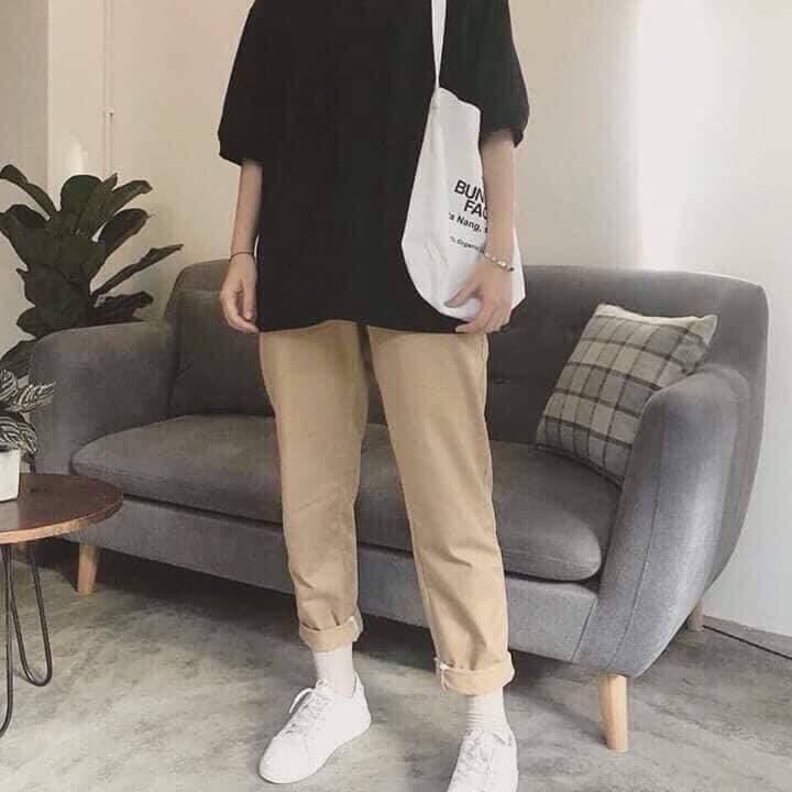 [HCM]Quần Baggy Nữ Kaki Ống Suông Thun Dây Rút Cá Tính (Đen Và Be)