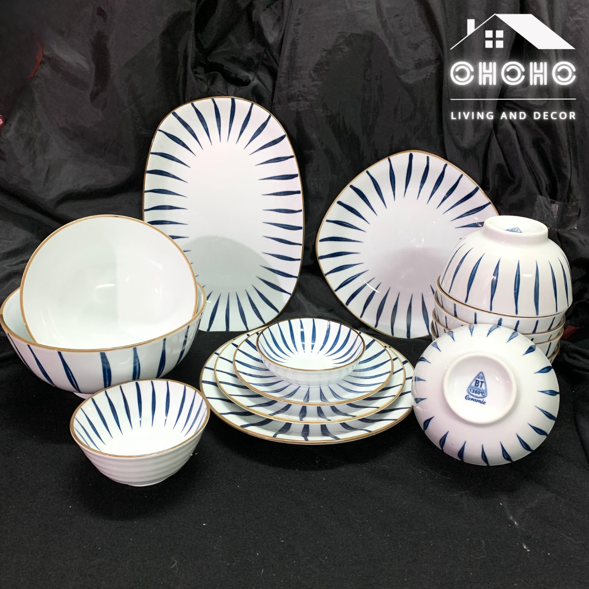 Set bát đĩa sứ 15 sản phẩm - họa tiết kẻ