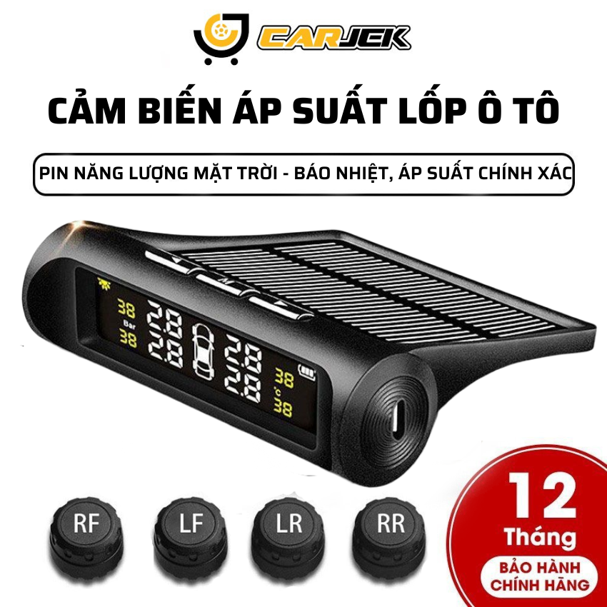 Bộ cảm biến áp suất lốp ô tô TPMS gắn ngoài màn LCD 4 van cảm biến sạc pin năng lương mặt trời bảo hành 12 tháng