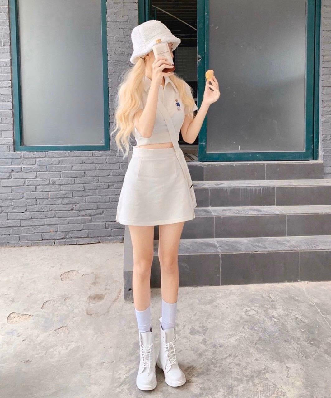[HCM]Set bộ áo croptop và chân váy chữ A có kèm quần trong