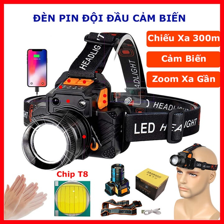  Đèn pin đội đầu siêu sáng 1 bóng chiếu xa 300m cảm biến vẫy tay chip Led L9 Zoom xa gần chống nước IPX6 pin trâu HOT 