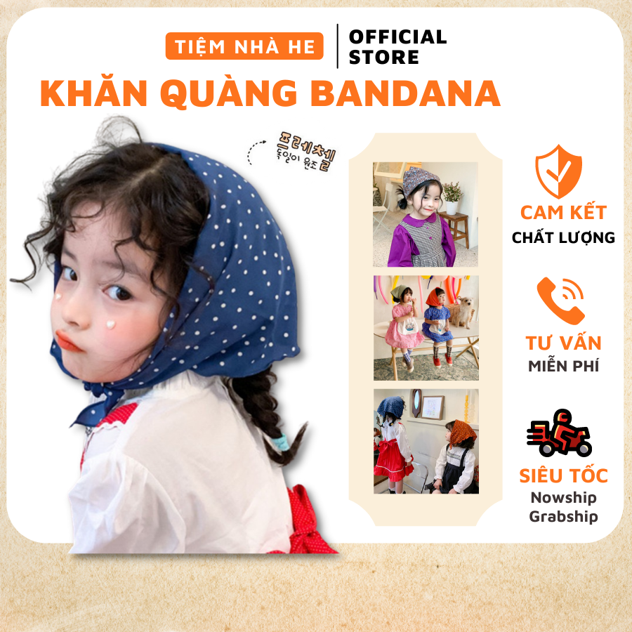 Khăn bandana đội đầu, turban lụa vuông họa tiết dễ thương cho bé gái kích thước 50x50cm dùng quảng cổ, buộc tóc