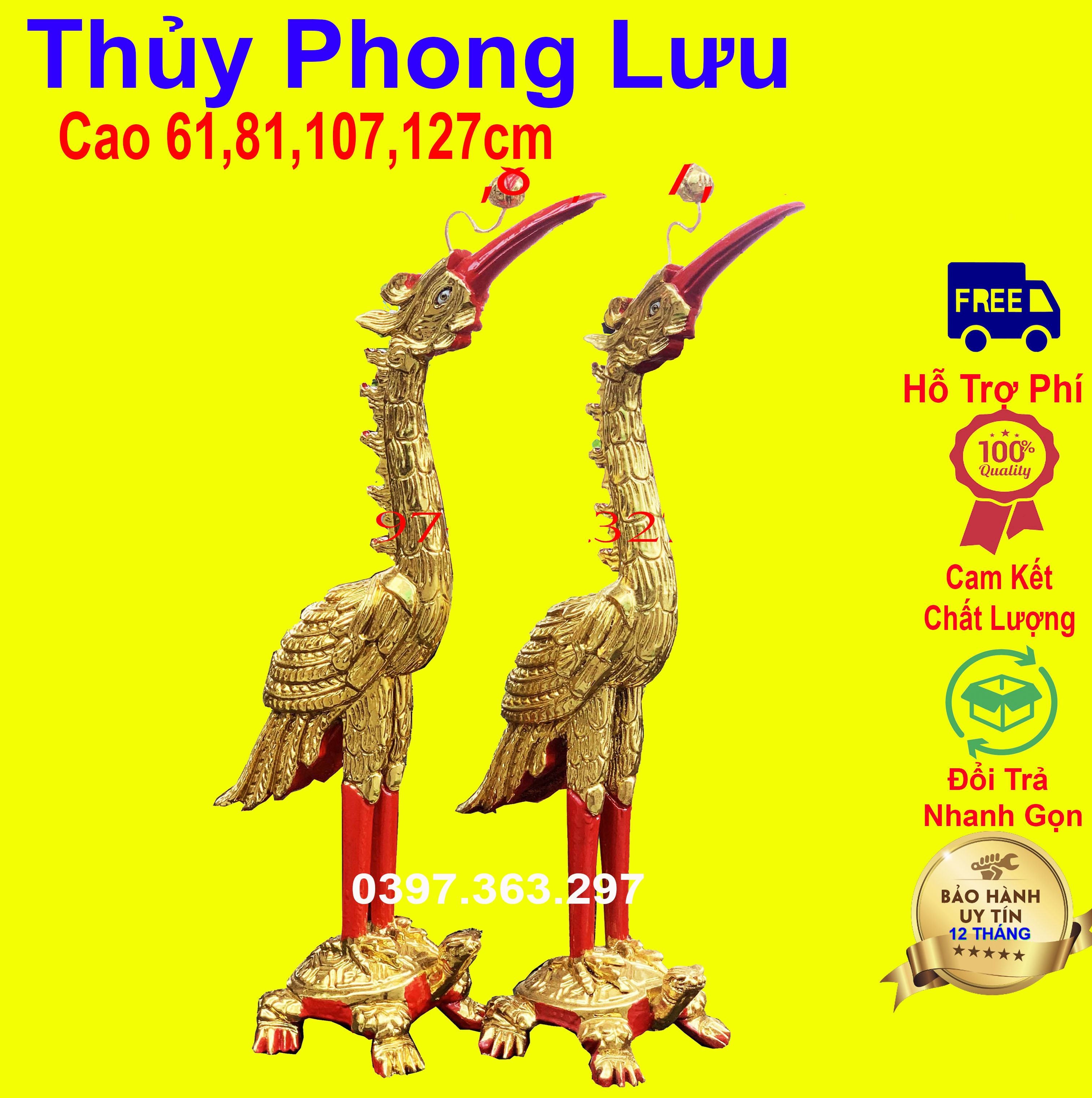 Cặp hạc tiên đôi hạc thờ cúng hạc thờ mào hạc cúng gỗ mít cao 61,81cm sơn son thếp vàng