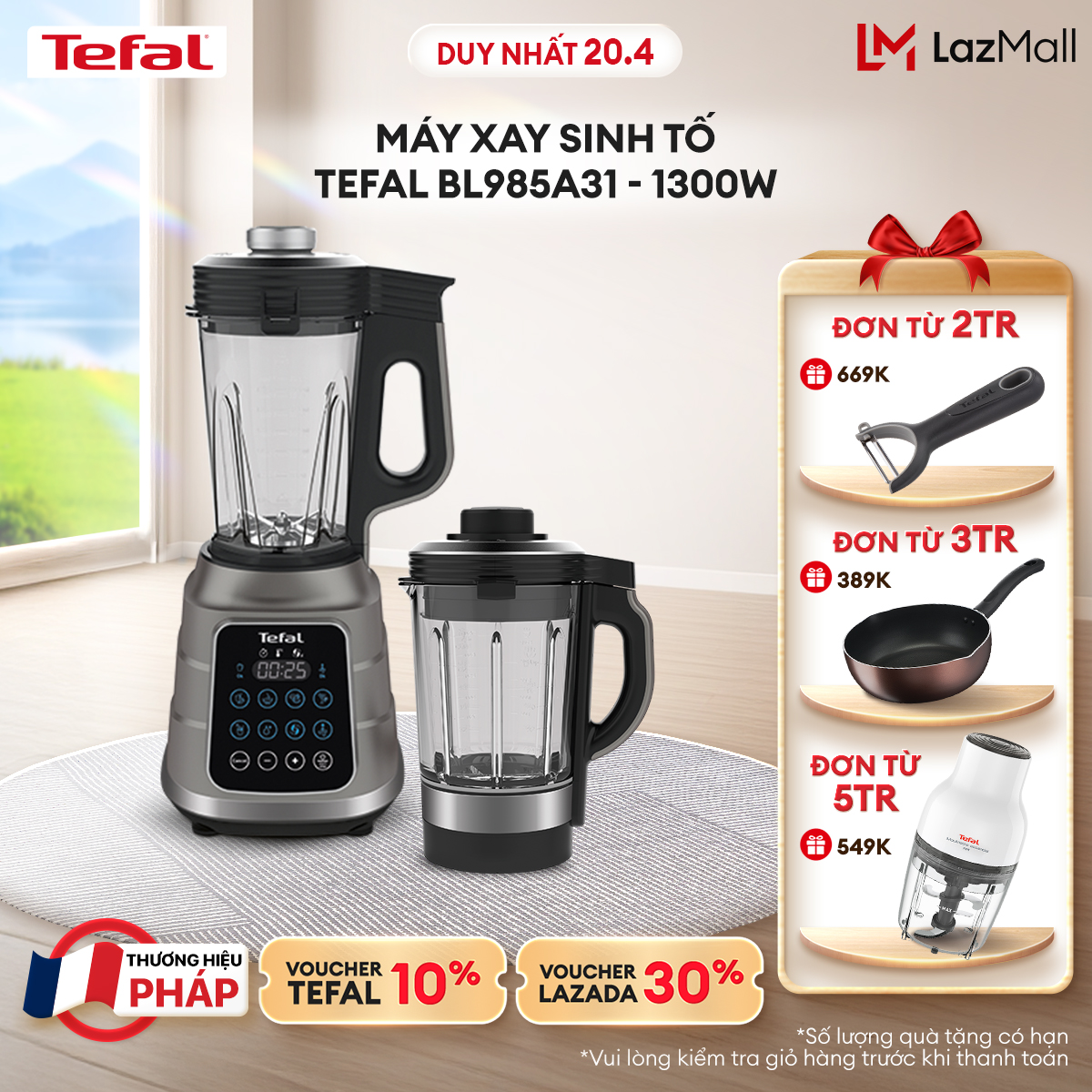 [NHẬP MÃ TEFALOFF30T4 GIẢM 30%] Máy xay sinh tố và làm sữa hạt đa năng Tefal UBB BL985A31 - 1300W - 2 cối