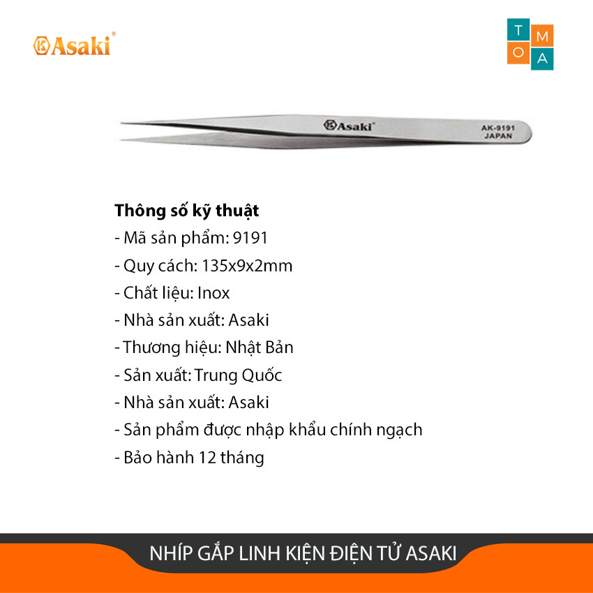 Nhíp gắp linh kiện điện tử asaki ak-9191, nhíp gắp linh kiện mũi nhọn, nhíp inox gắp linh kiện mũi nhọn, 135x9x2mm