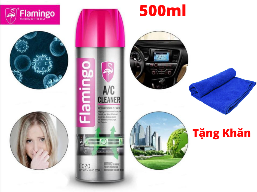 Bọt Tuyết Vệ Sinh Khử Mùi Điều Hòa Xe Hương Thơm Mát Flamingo F020 500ml Tặng Khăn