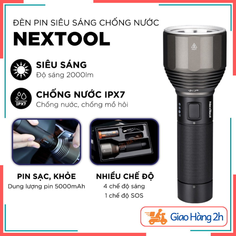 Đèn pin siêu sáng nextool ne0126 led 2000 lumens kèm pin - một lần sạc sử dụng 140 giờ, chiếu sáng lên đến 380m
