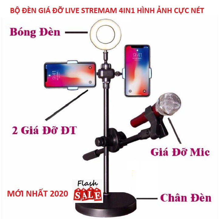 Đèn Live Stream 4in1 Để Bàn Có Chân Đỡ Micro Live Tream Hai Điện Thoại Loại Tốt- Bộ Giá đỡ Livestream Đa Năng Có Đèn Led Siêu Đẹp- Phụ Kiện Livestream Cao Cấp- Chất Liệu Hoàn Toàn Kim Loại Chắc Chắn- Đảm Bảo Ánh Sáng
