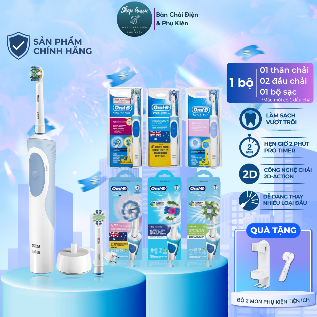 Bàn Chải Điện Oral-B Braun Vitality - Công Nghệ 2DAction, Hẹn Giờ Timer 2-Phút, Nhiều Loại Đầu Chăm Sóc Răng