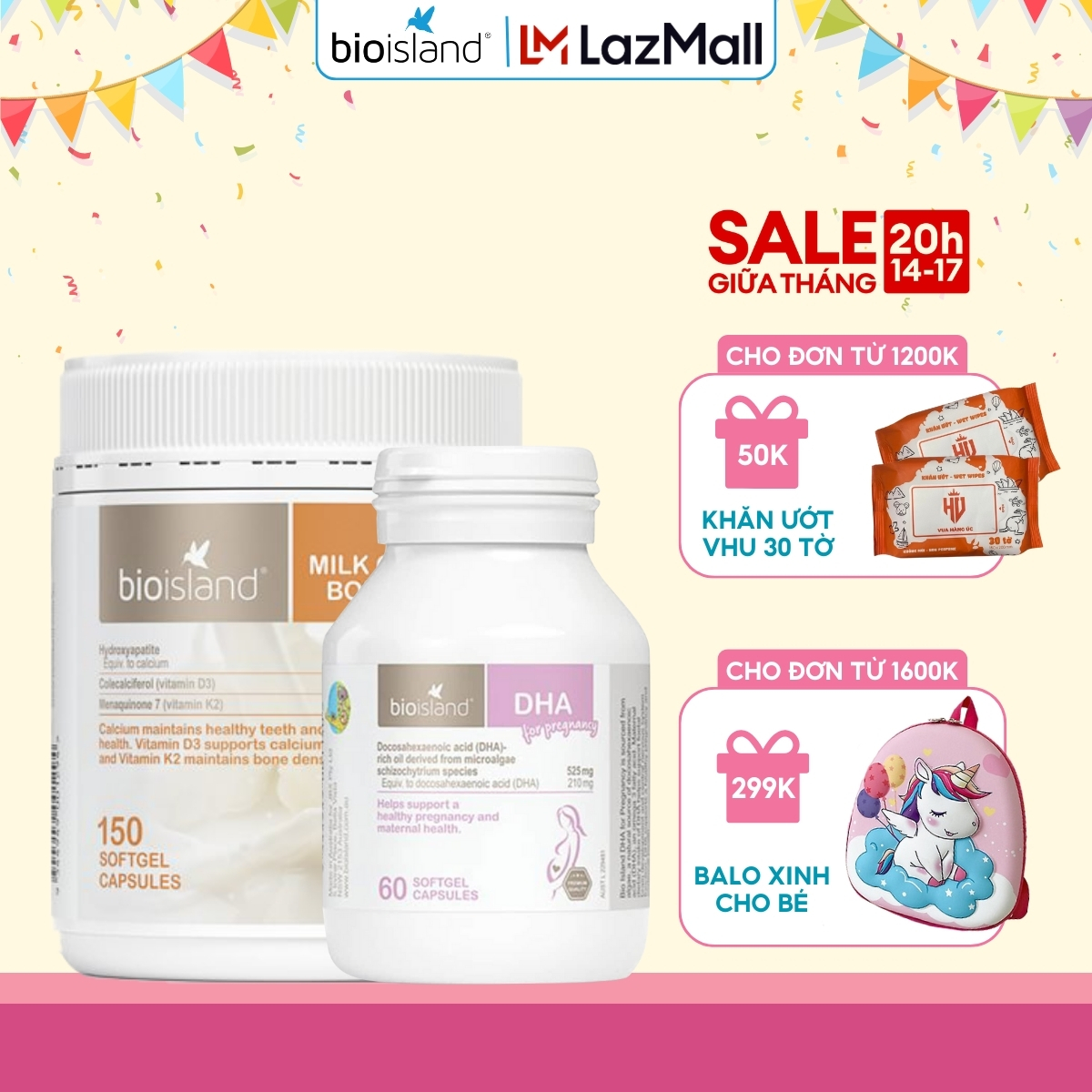 Combo viên uống DHA bầu và canxi sữa Bone Care Bioisland hỗ trợ sức khỏe cho mẹ bầu và sau sinh