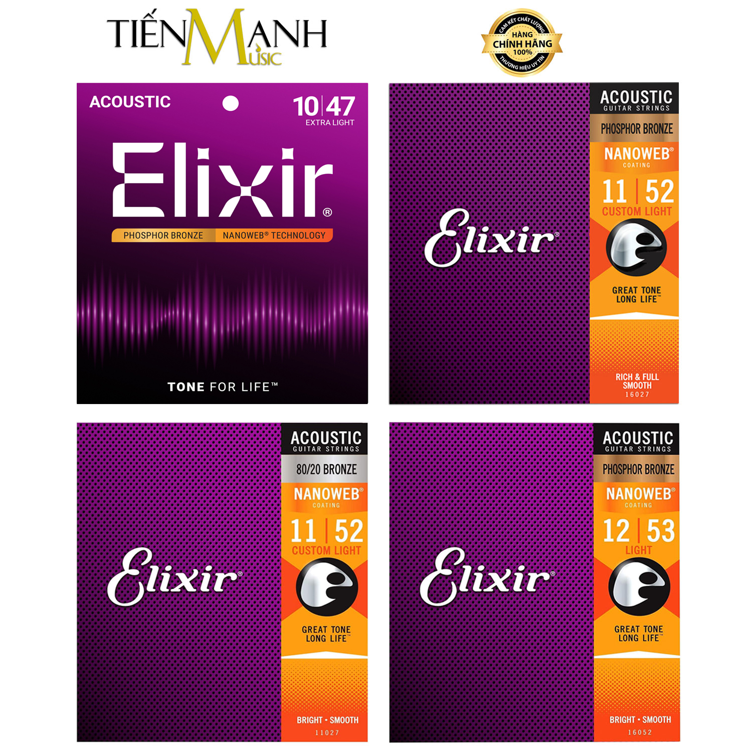 [Chính Hãng] Dây Đàn Guitar Acoustic Elixir 16002, 16027, 16052, 11027 - Phosphor Bronze cỡ 10, 11, 12